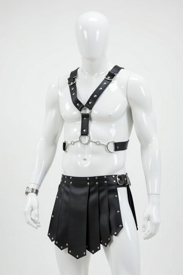 Erkek Harness Göğüs Kemeri ve Tokalı Püsküllü Etek Şort Kombini Siyah