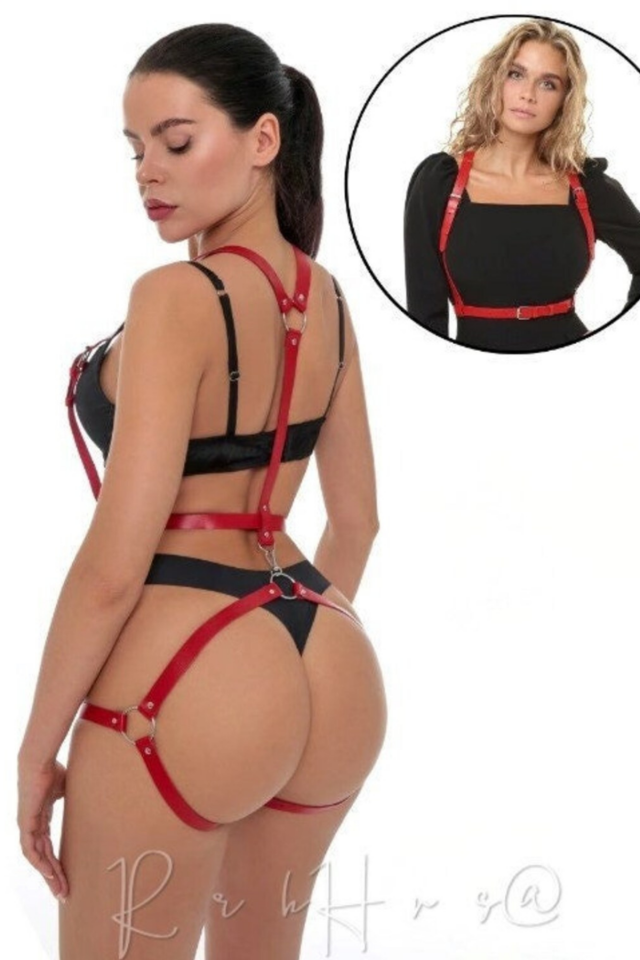 Kadın Hakiki Deri Ayarlanabilir 2 Farklı Modelli Vücut ve Bacak Harnesi (Harness Seti)
