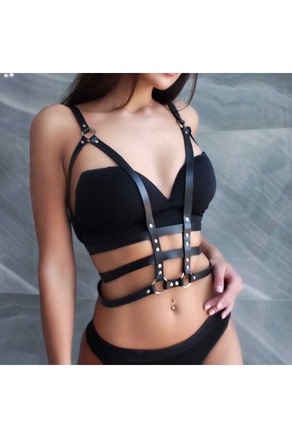 Kadın Çoklu Yatay Şeritli ve Korse Etkili Vücut Harnesi (Harness) - Deri Aksesuar