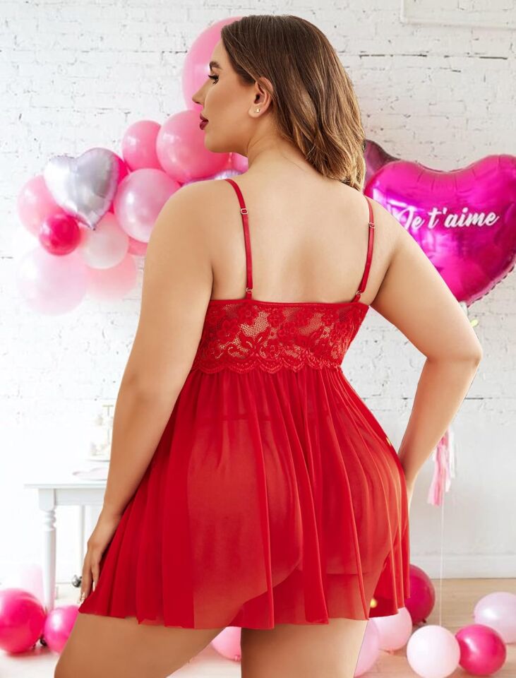 Kadın Kırmızı Dantelli Fantezi Babydoll Gecelik – Transparan Tül Etekli İnce Askılı
