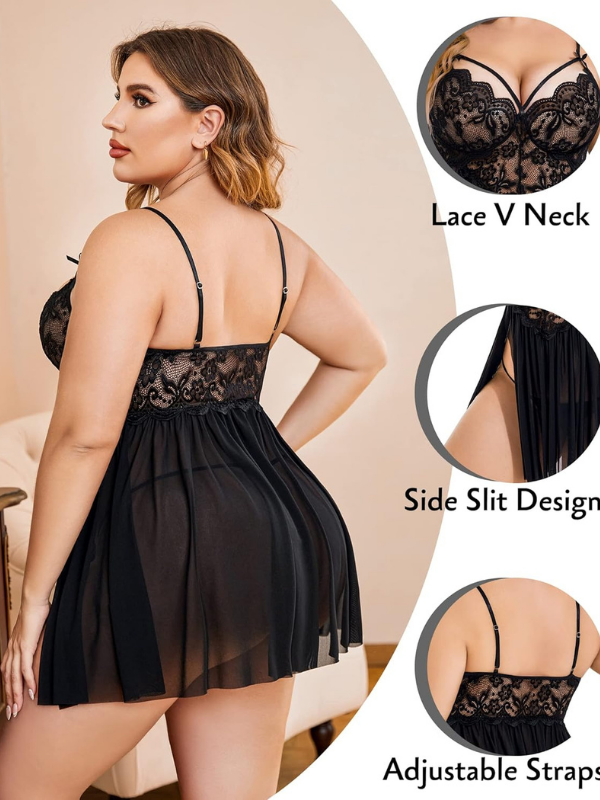Kadın Siyah Dantelli Fantezi Babydoll Gecelik – Transparan Tül Etekli İnce Askılı