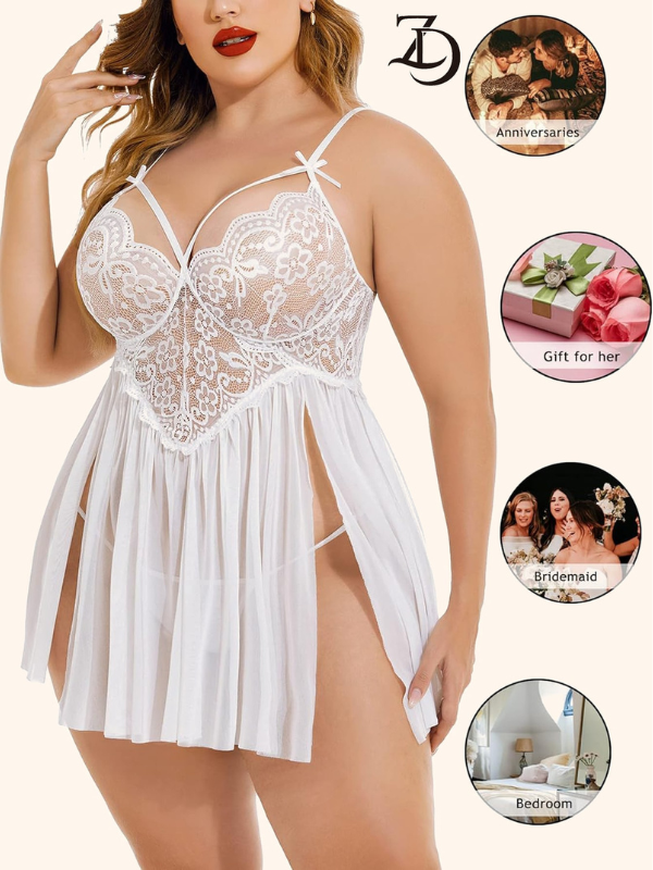 Kadın Beyaz Dantelli Fantezi Babydoll Gecelik – Transparan Tül Etekli İnce Askılı
