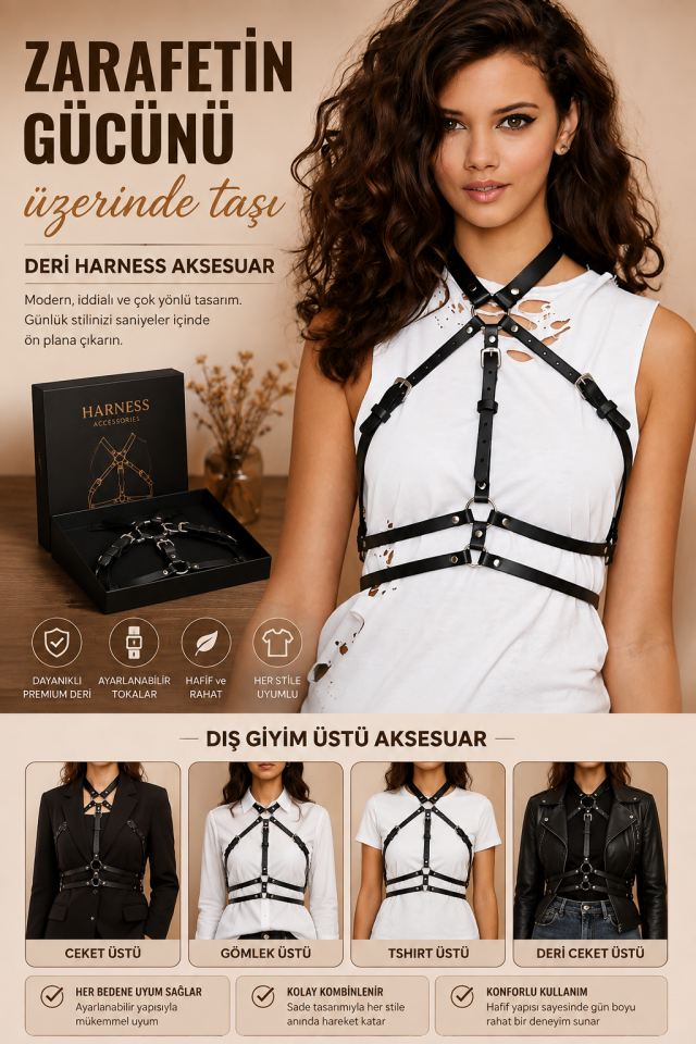 Kadın Siyah Deri Harness Aksesuar – Ayarlanabilir Tokalı Göğüs ve Bel Tasarımlı Dış Giyim Üstü Aksesuar