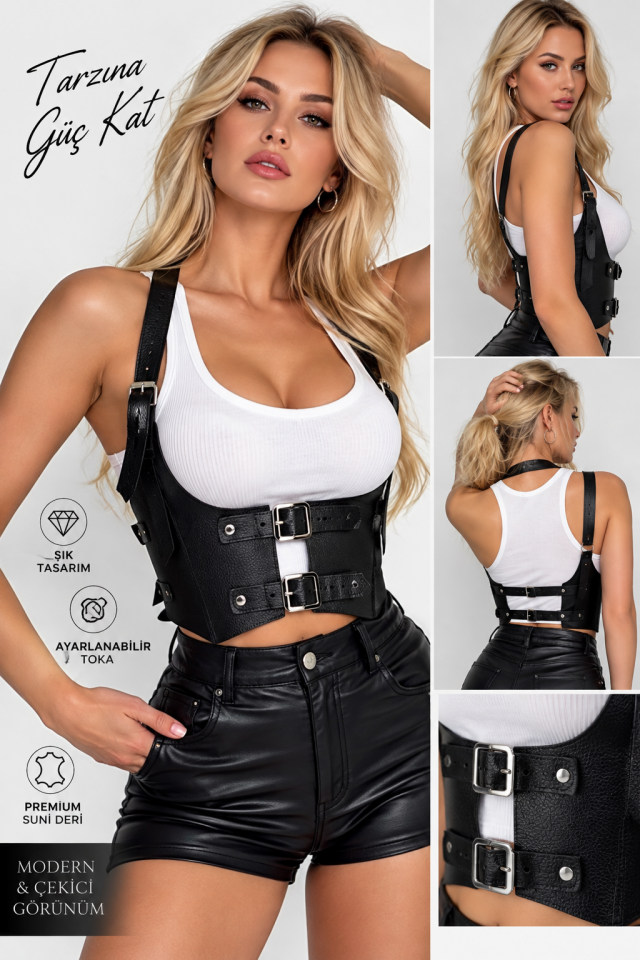 Kadın Siyah Suni Deri Korse Harness – Tokalı Ayarlanabilir Bel ve Göğüs Aksesuarı