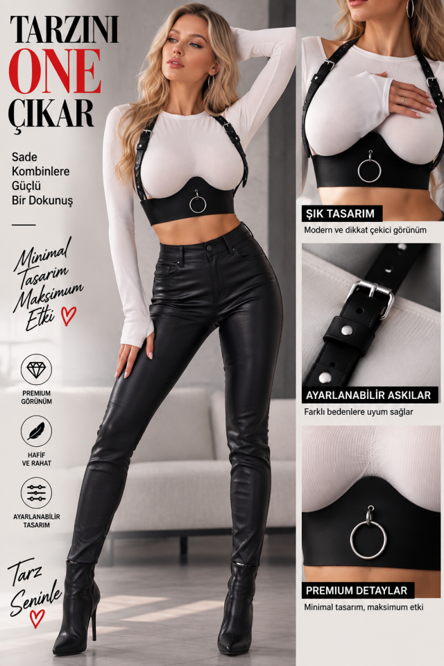 Kadın Siyah Suni Deri Harness Göğüs Kemeri – Metal Halka Detaylı Ayarlanabilir Aksesuar